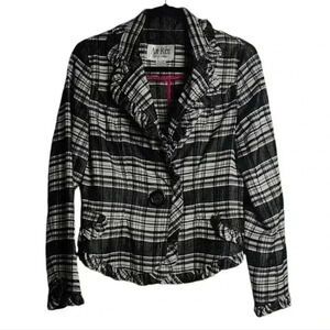 An Ren New York Black and White Plaid Ruffle Trimmed Hem Jacket Size Med